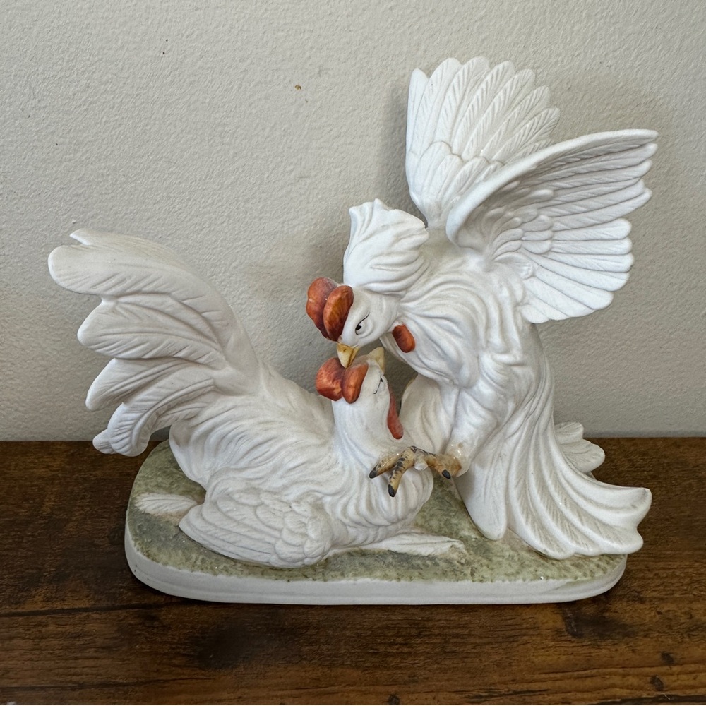 Vintage White Ceramic Fighting Rooster & Hen Figurine – MCM Farmhouse Decor